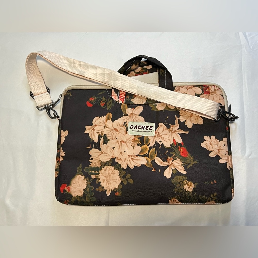 Floral Laptop Bag - Black and Cream
